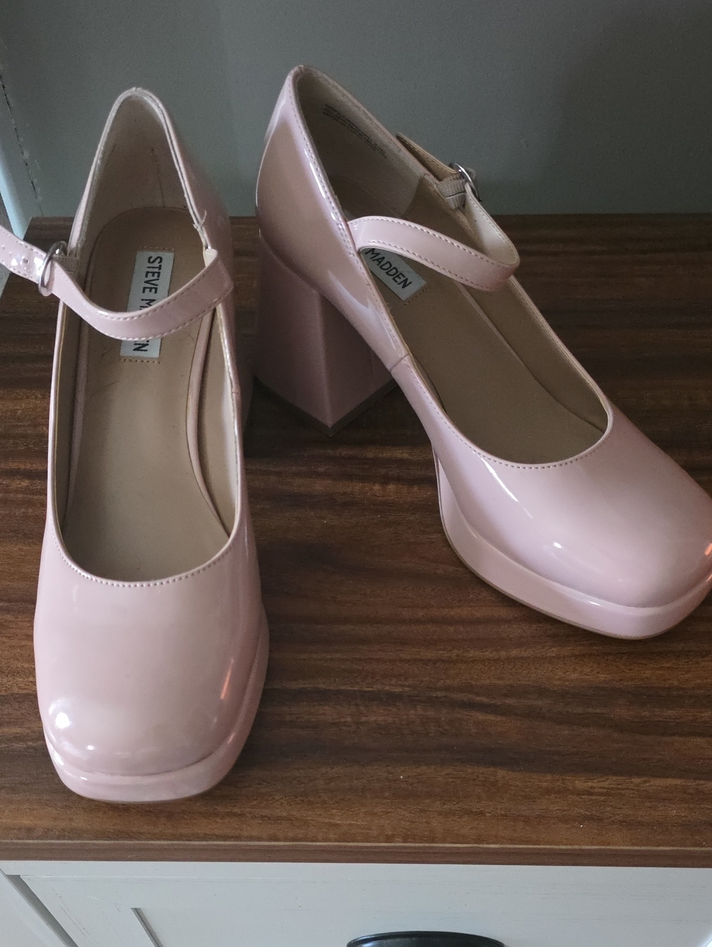 Steve Madden Pale Pink Patent Mary Jane Block Heels